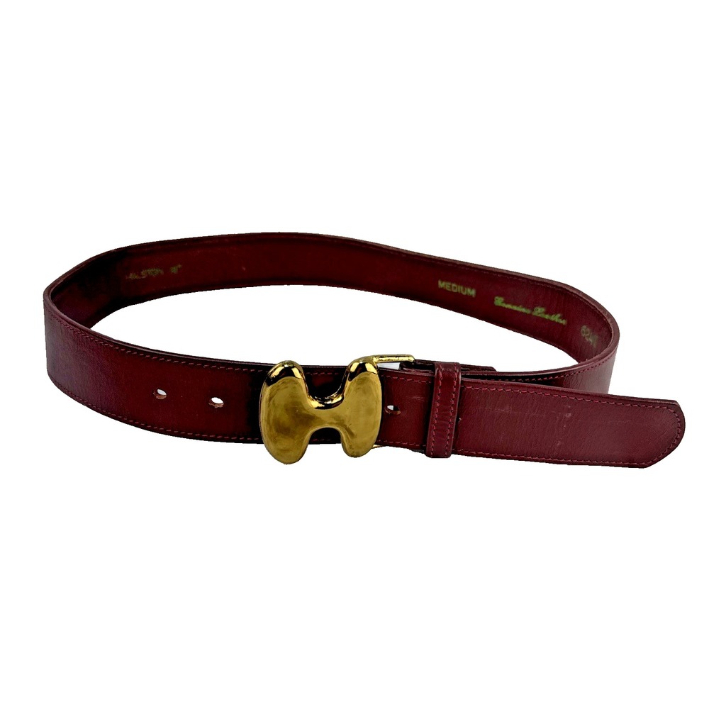 Halston III Vintage 80s Burgundy Leather Belt Size M Gold Bubble H Buckle